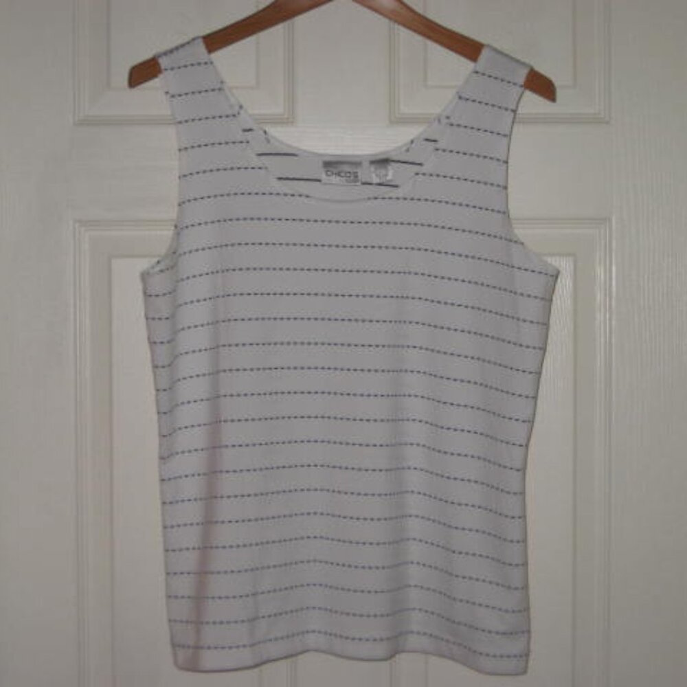 Chicos Sz 2 L Off White Black Striped Tank Top Nylon Blend Excellent Condition